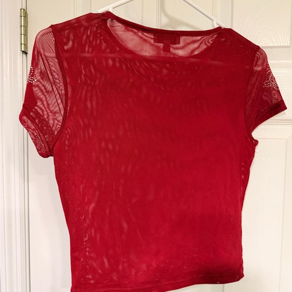 Faded Rose Red Rhinestone Mesh Crop Top - Picture 2 of 6